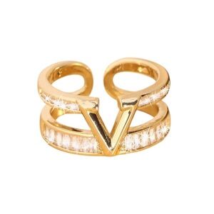 Elegant Luxe Gold Plated V Ring Zircon Adjustable Cocktail Ring